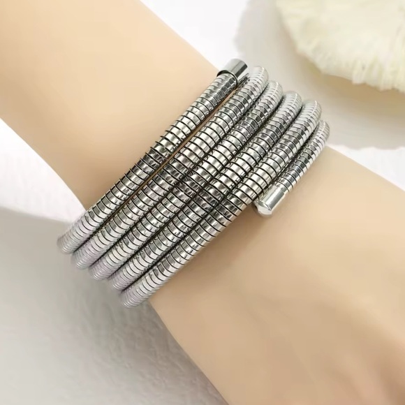 Stainless Steel Coil Wrap Bracelet Multi-Layer Adjustable Bangle - Picture 3 of 4